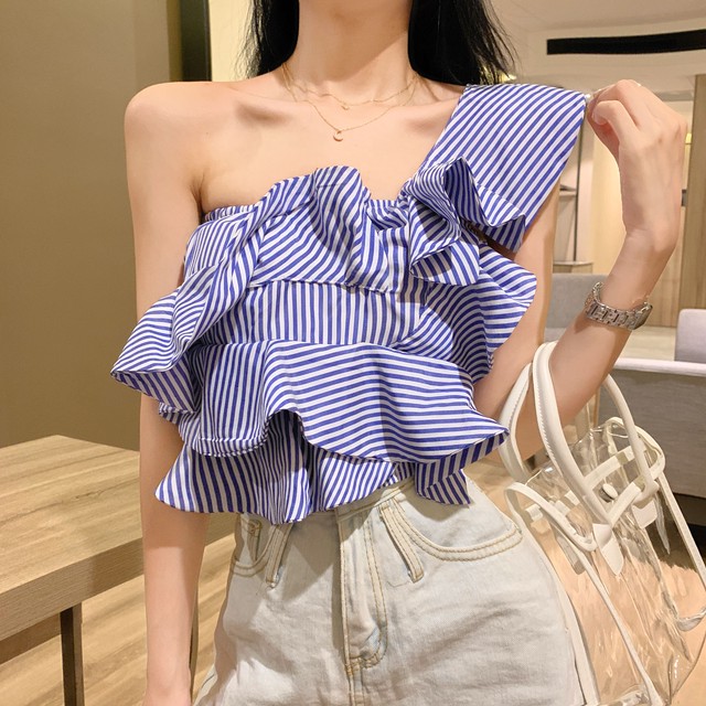 ストライプ ワンショルダー チューブトップ フリル ショート丈 アシンメトリー 春夏秋 大人かわいい オフショル Tp0854 Natuliria ナチュリリア