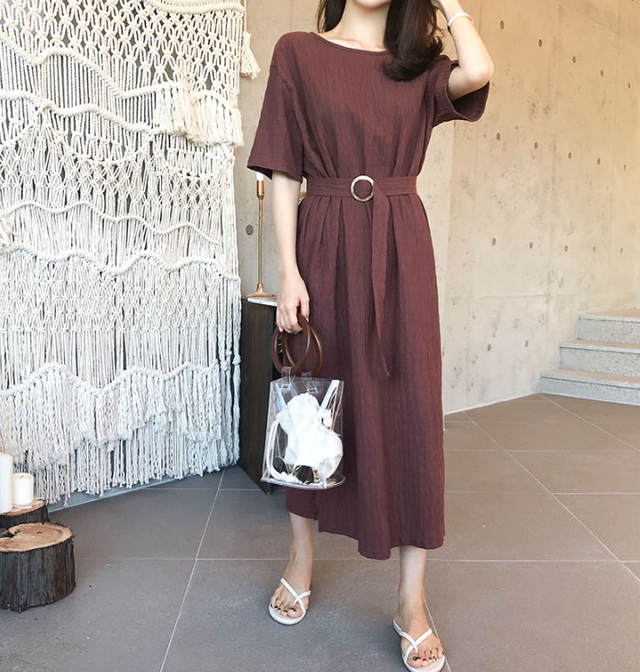 しわ加工ベルト付き半袖ロングワンピース A0 Lino Liko