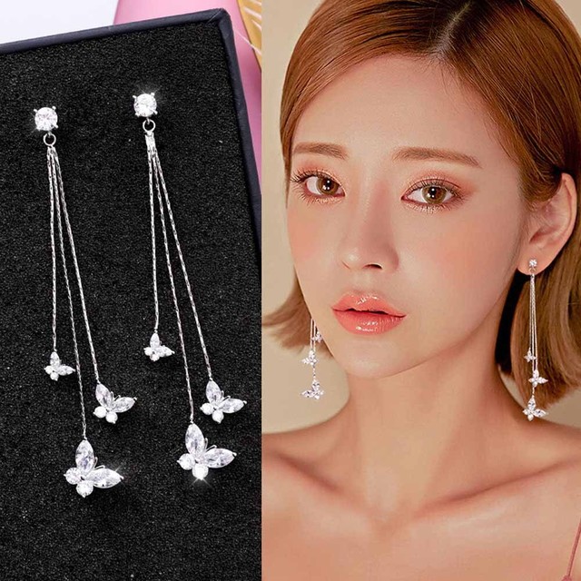 ☆数量限定再入荷☆【人気集中!】★大人可愛い♥エレガントな蝶モチーフ★ラインストーン・ロングチェーンピアス(シルバー/ゴールド)