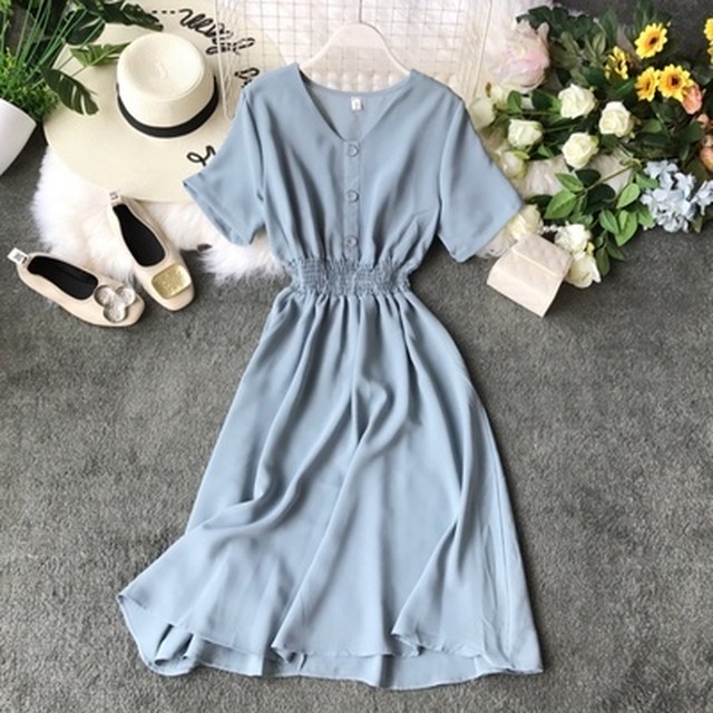 シフォンワンピース ロング丈 フレア ウエストマーク 半袖 ボタン フェミニン 無地 大人可愛い フェミニン 春夏 食事会 お出かけ お呼ばれ ブルー ベージュ ピンク ブラック イエロー Southisland