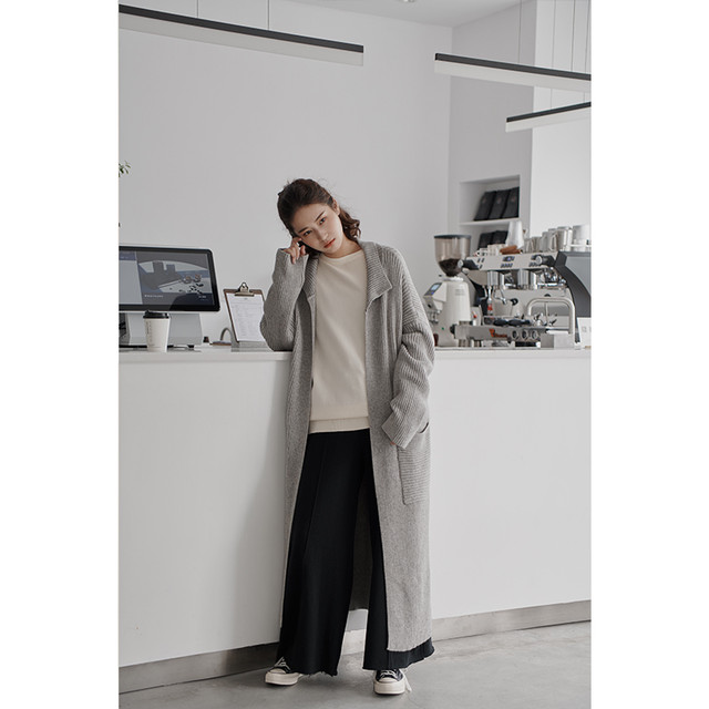 ロングニットカーディガン レディース ポケット 秋 冬 春 上品 エレガント ボタン無し マキシ Select Shop Skry スクリー