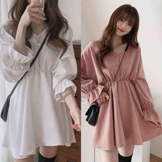 ワンピース Vネック 長袖 レディース フレアミニワンピース 韓国 ファッション レディース 春 エアリー ショート丈 フレア 春ワンピース 春服 レディース ボリューム袖 かわいい ガーリー おしゃれ カジュアル ゆったり シンプル ミニワンピース Vestito