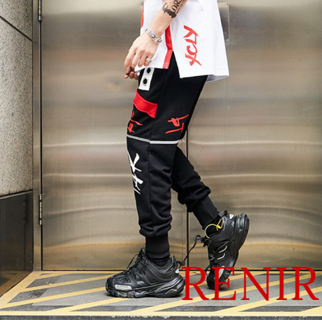Renir レニール メンズ パンツ 黒 ブラック モード系 ストリート系 文字 Renir レニール メンズファッション レディースファッション