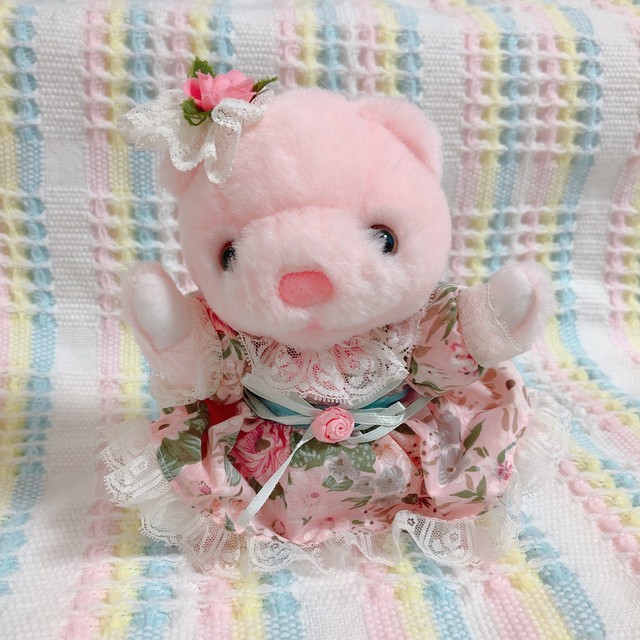 Vtg ぬいぐるみ ピンクくま お花柄ドレス Spank
