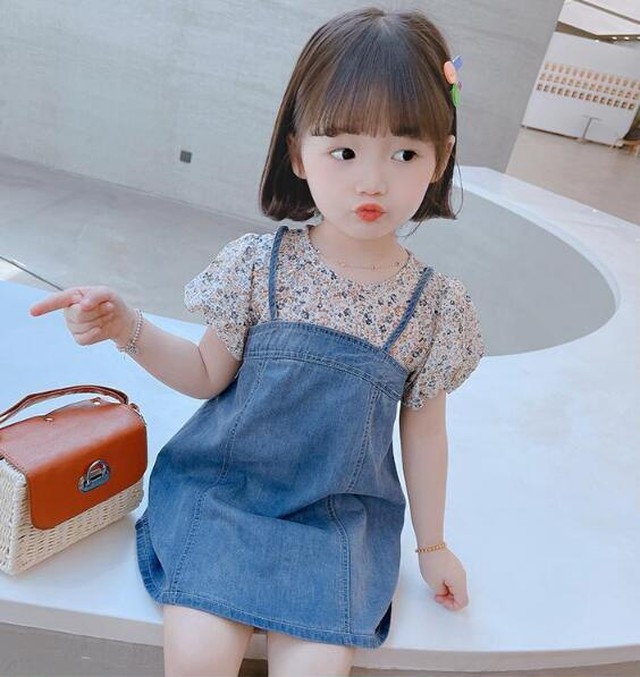 キッズ デニムジャンパースカート 花柄バルーン袖トップスセットアップ 韓国子供服 夏物 ワンピース ナチュラル Syanu Shop子供服 韓国子供服 韓国ベビー服 キッズベビー