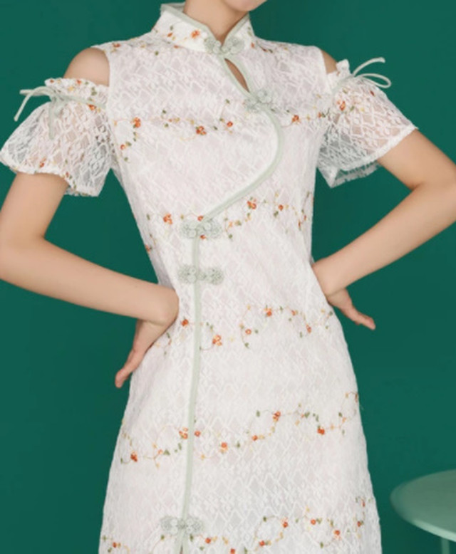 Top Mode ワンピース 春ワンピ オフショルレースチャイナミニワンピ オフショルダー チャイナワンピ チャイナドレス チャイナボタン ワンピース レース スリット 半袖 肩だし アジアン エスニック原宿系 レトロ ラフ ゆったり お呼ばれ ホワイト 白 ニッチ Bitter