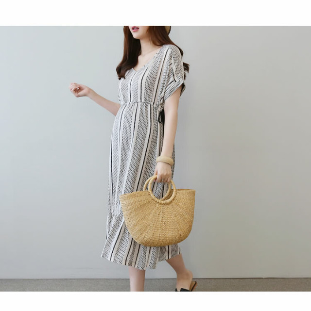 ワンピース マタニティ マタニティーワンピース ロングワンピース ミモレ Vネック カジュアル 妊娠 初期 中期 後期 臨月 19夏 春物 夏物 秋物 Mamafuku