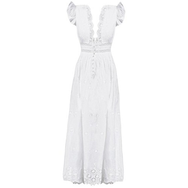 コットン 刺繍 ワンピース パンチングレース フリル フロントボタン Vネック ハイウエスト ノースリーブ ロング ナチュラル カジュアル Aya2391 Yumi Shop