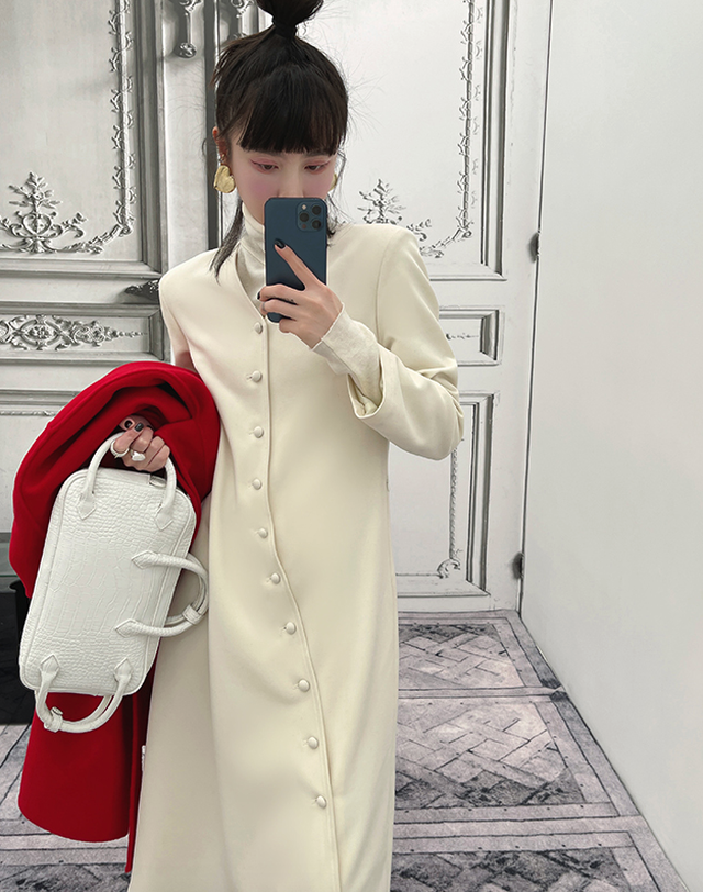 斜めボタンアシメトリーレトロエレガントワンピース Edona