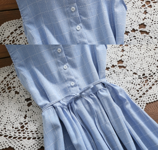 森ガール 韓国風 ワンピース 青 チェック柄 ノースリーブ カジュアル レースアップ エレガント 水色 夏 Cinderella Story