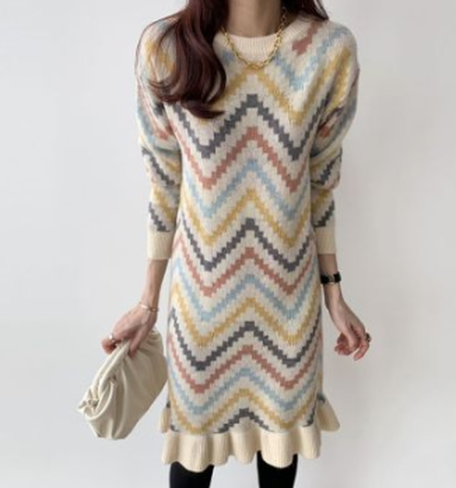 カラフル ジグザグボーダーワンピース レディース ニット ミディアム丈 フリル 可愛い クルーネック ゆったり フリーサイズ Aki0 Fulgeo