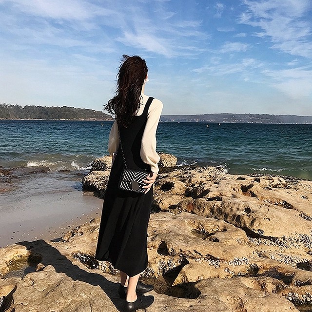 691 1枚でオシャレ見せが叶うフェイクレイヤードニットワンピース ブラック ロング丈 海外のプチプラきれいめカジュアルレディースファッション Pakaian Lucu 海外のプチプラきれいめカジュアルレディースファッション Pakaian Lucu