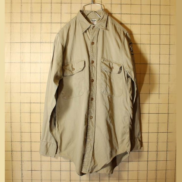 60s Tulane 長袖 ワーク シャツ ベージュ メンズsm相当 古着 ビンテージ ワッペン 古着屋ataco Garage