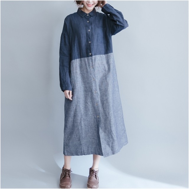 デニム ワンピース ロング シャツワンピース 長袖 大きいサイズ ゆったり レディース 秋冬 ワンピース Af2951 Raxia