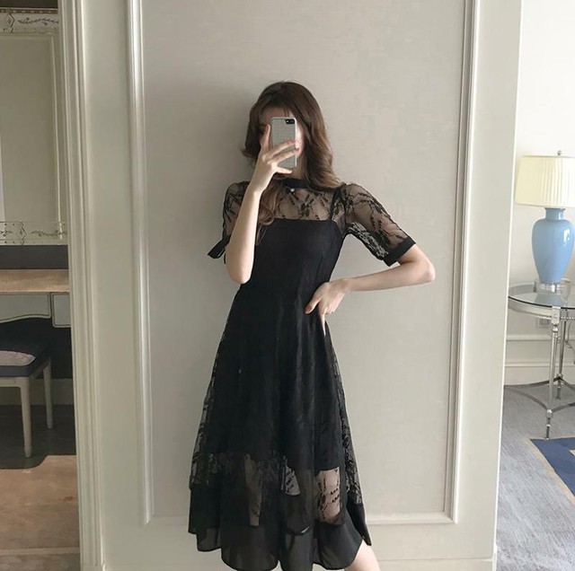全2色 ワンピース ドレス 袖有り バックリボン Aライン ひざ下 ミモレ丈 花柄 シースルーキャミソール 肩ひも 重ね着 シースルー レース パーティー 春夏秋 Like Fashion