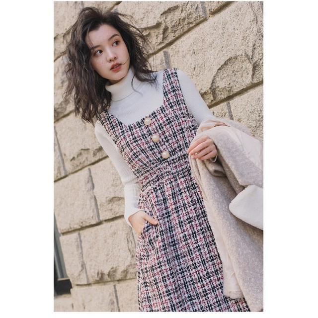 ツイードワンピース チェック柄 ノースリーブ 膝丈 ジャンパースカート ジャンスカ ガーリー 大人女子 ママコーデ お出かけ Mh1603 Valentina210