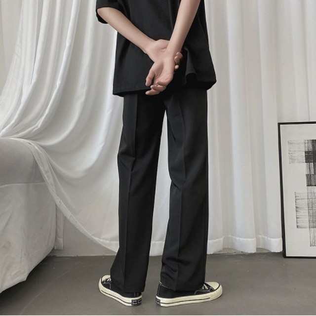 ストレートパンツ ワイドレッグ ブラック 黒 チェック センタープレス ロング丈 メンズ レディース ユニセックス 韓国 カジュアル モード シック お支払い後日以内に発送 Btm176 Garcons