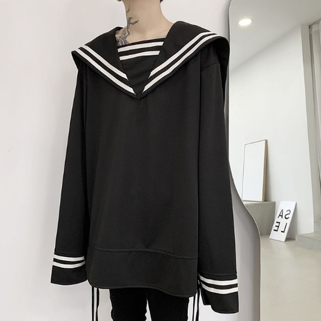 セーラーデザイン シャツ ロングスリーブ 長袖 オーバーサイズ ブラック 黒 ホワイト 白 メンズ ユニセックス レディース モード カジュアル 学生風 セーラー 爽やか リボン お支払い後日以内に発送 Top123 Garcons