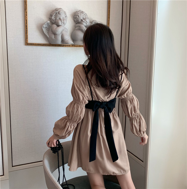 ワンピース レディース シャツワンピース セットアップ ビスチェ セット 秋 冬 長袖 ミニ ミニワンピース バックリボン バックコンシャス ブラック 黒 ベージュ Evergreen ワンピース レディース シャツワンピース セットアップ ビスチェ セット 秋 冬 長袖 ミニ ミニワンピース バックリボン バックコンシャス ブラック 黒 ベージュ Evergreen