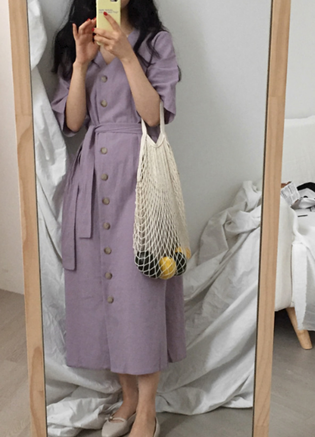 フロントボタン レディース ウエストリボン フリーサイズ ワンピース 可愛い かわいい ロングワンピ シンプル ロング丈 ハイウエスト Vネック 通勤 無地 半袖 春 夏 恥骨bornブリリアント