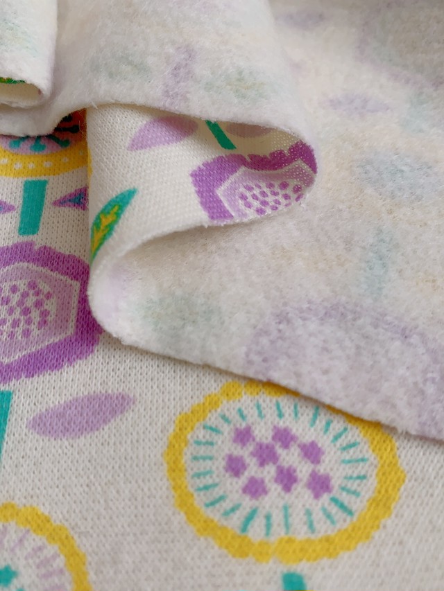 45 裏起毛ニット生地 花柄 パープル イエロー Wappen808