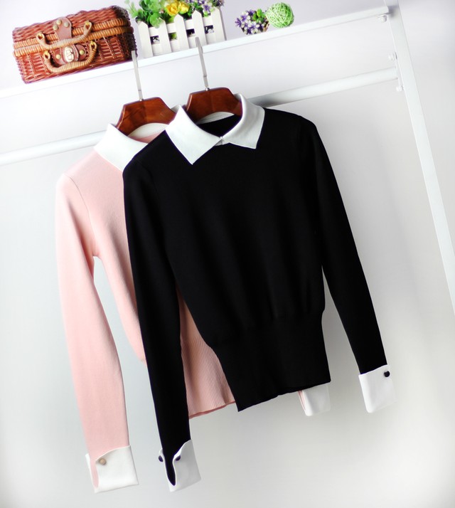 ニット シャツ レディース 重ね着風 トップス セーター 長袖 シャツカラー バイカラー 長袖 通勤 綺麗め Lalas