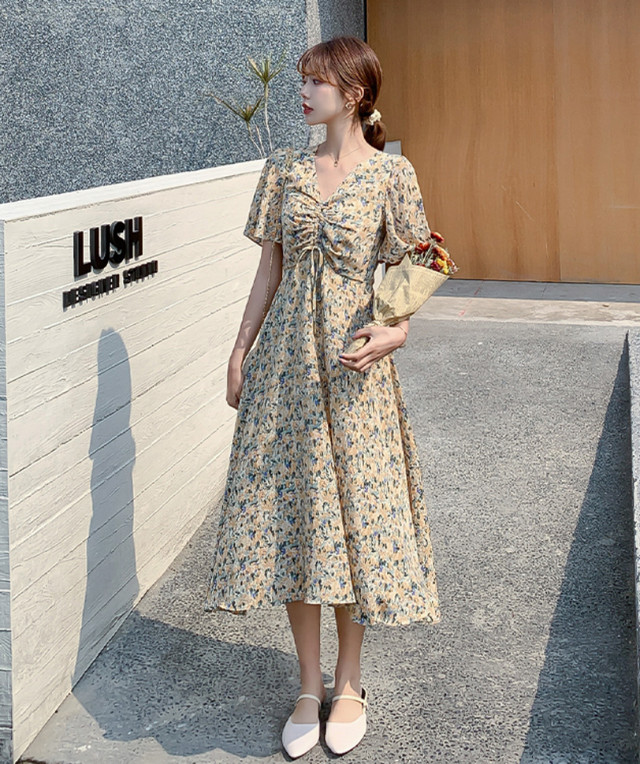 ワンピース Vネック フレアスリーブ ベルスリーブ 胸元ギャザー 小花柄 フラワー 半袖 ロング マキシ丈 デート 春 夏 レディース Evergreen