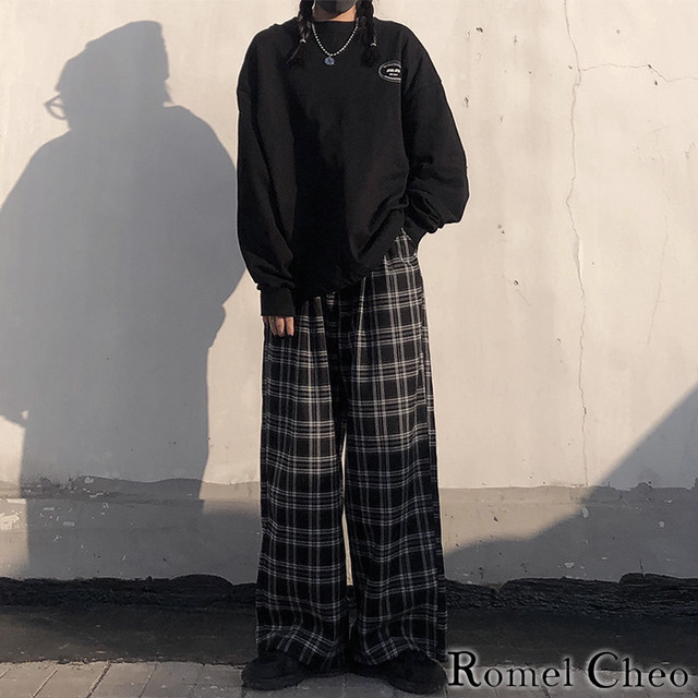お支払い確認後日以内発送 Romelcheo ブラック チェック ワイド パンツ タータンチェック 格子柄 レディース メンズ ユニセックス 黒 モノトーン ビッグシルエット ゆったり ストリート 韓国 カジュアル ファッション ロメルチェオ Romelcheo