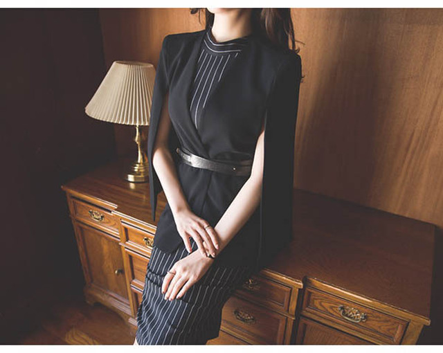 Yjszln 大きいサイズスーツ アンサンブル セクシーピンストライプワンピース ケープ風ジャケット レディース ミセス 1912 01 02 19秋冬 S 2l ｓ ６ｌ大きいサイズ揃う Orange本店