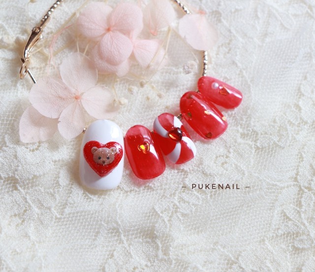 Pukeネイル No 348 クマちゃん ハート 赤 可愛い 量産型ネイルチップ ネイルチップ つけ爪 購入ならpuke Nail