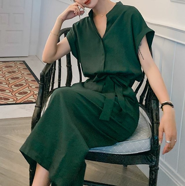 夏新作 スタンドカラー オールインワン ジャンプスーツ 半袖 グリーン 夏服 レディース リゾートファッション J Aeka Clothet