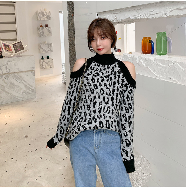 レディース秋冬 大人カジュアル 肩だし ボトルネック レオパード ヒョウ柄 長袖 ニット ゆったりスリム かっこいい メンズライク 派手かわ 楽ちん 楽 ラフ ブラウン ブラック フリーサイズ 大人かわいい韓国オルチャンファッション通販oldhollywood