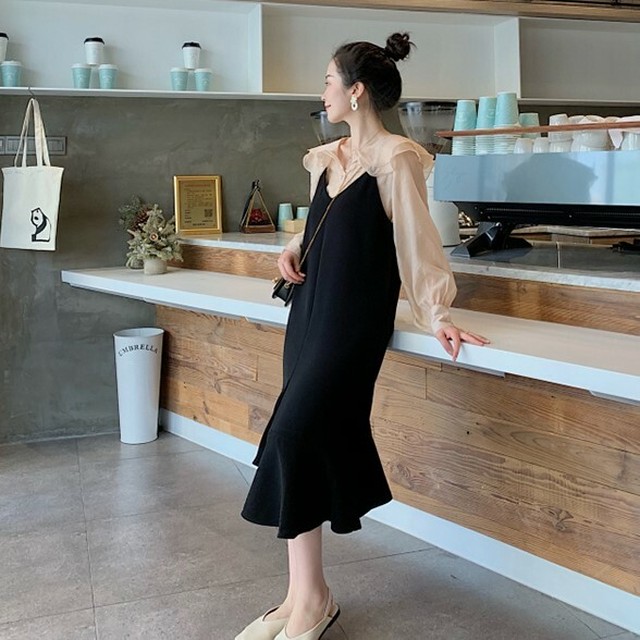 ブラウス キャミワンピ ツーピース シフォン ひざ下丈 フリル襟 バルーンスリーブ 裾フリル 無地 ゆったり ドッキングワンピース 大人かわいい 秋冬 デート レイヤード And C T アンドシーティー 大人可愛い トレンド専門店