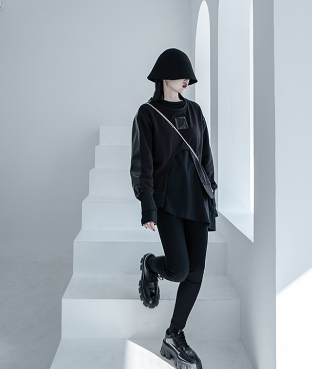 Top Mode トップス レイヤード ユニセックス 異素材 アシンメトリーデザイン バイカラーレディース 個性的 おしゃれ シック トレンド クール モダン モード系 モノトーン Bitter ブラック 黒 ホワイト 白 Chi16 Top Mode