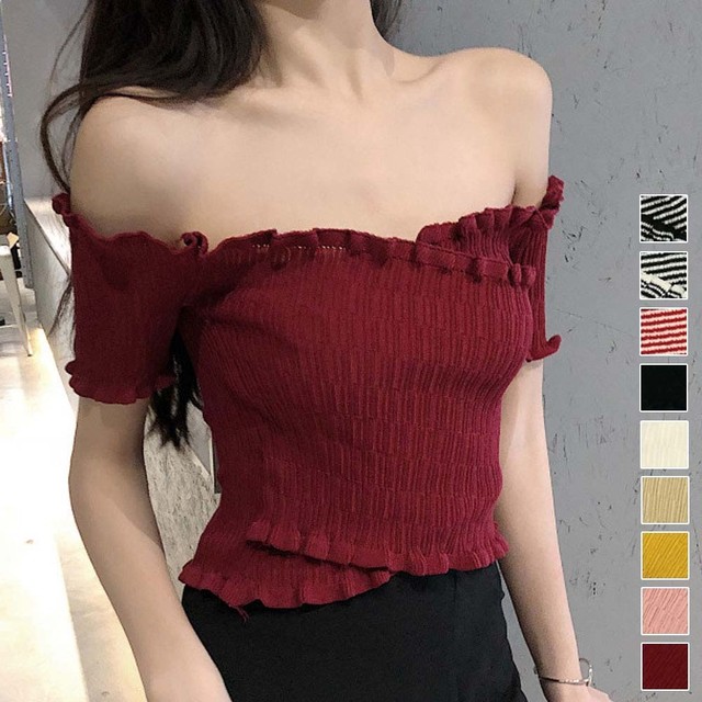 サマーニット レディース オフショルダー 肩だし トップス オフショル フリル メール便可 ファッションan 流行りでも安さでもなく今の私に似合う服