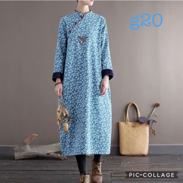 G G21 新品 送料無料 レディース 冬 ロング ワンピース アジアン 花柄 防寒 長袖 着痩せ 小花柄 アジアン 裏起毛 ブルー 水色 ピンク Hihaho Company リネン コットン素材のゆったりとしたレディースウェアのお店