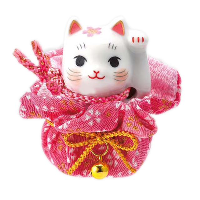 【商売繁盛】薬師窯招き猫 彩絵 桜巾着 招き猫 おめでたい縁起置物(左手上げ)