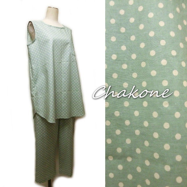 パジャマ 大人の可愛いチュニック パジャマ上下セット ルームウェア ノースリーブ 水玉柄 コットン Yuwa ハンドメイド工房 Chakone 手作り婦人服ファッション