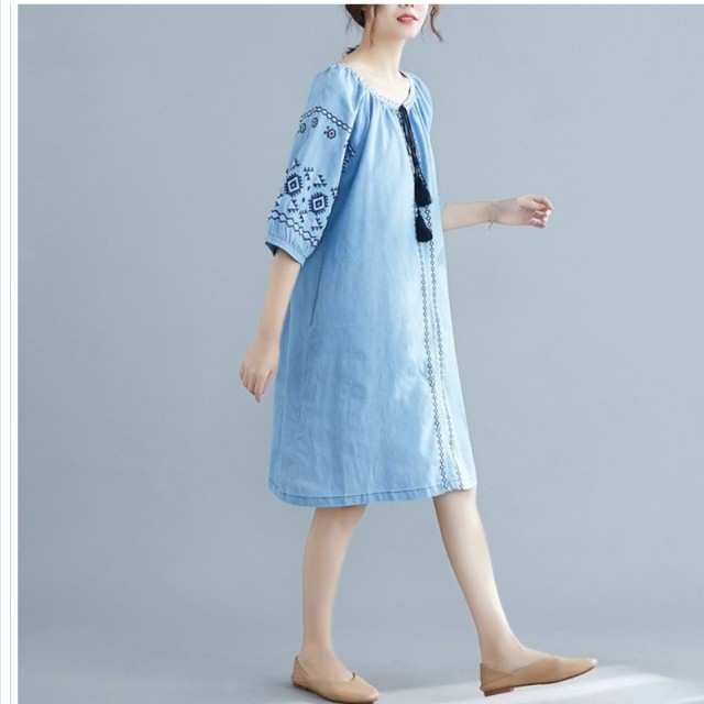 ワンピース 2色展開 刺繍 ワンピース パフスリーブ ワンピース ナチュラル ワンピース デニムワンピース リンネル系 森ガール ワンピース Basecamp49