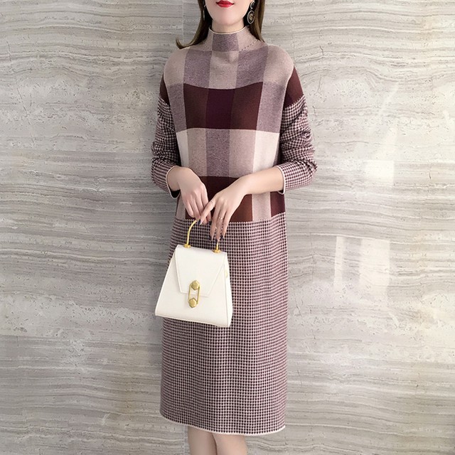 レディースファッション 40代 ファッション 秋冬 エレガント きれいめ 大人 30代40代50代 チェック柄 千鳥格子柄 切替 ニットワンピース ひざ丈 長袖 ハーフハイネック ボックスシルエット ゆったり 体型カバー フェミニン シック 大人女子 通勤 デート 女子会 Rb A11