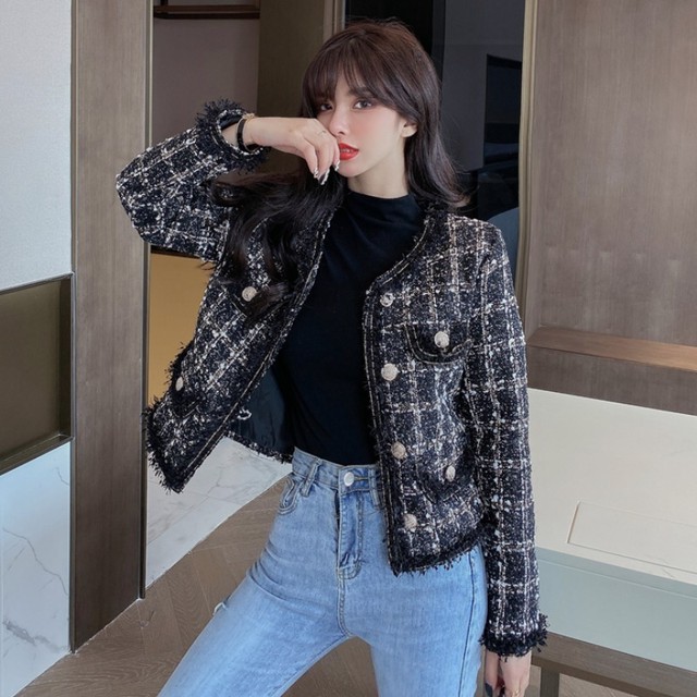 フリンジ ツイードジャケット ノーカラージャケット ショート丈 おしゃれ キレイめ カジュアル オフィス お呼ばれ 春 秋 Crystalhk