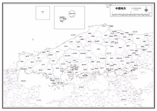 P3中国地方 市町村名 K Chugoku P3 楽地図 日本全国の白地図ショップ