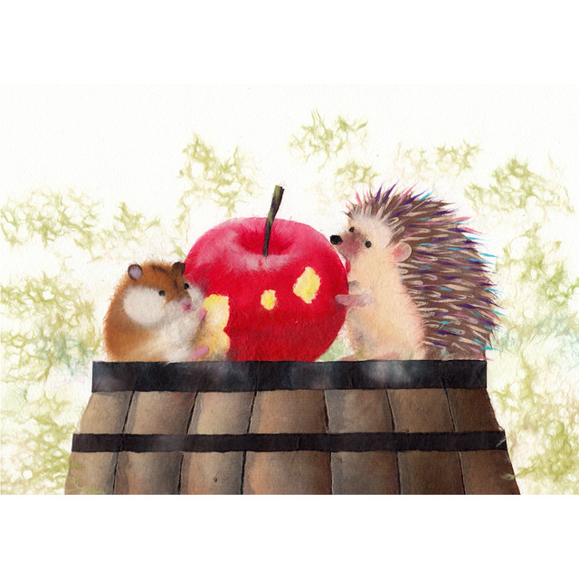 おやつの時間 ハリネズミさんとハムスターさんのおやつは真っ赤なリンゴ かわいい動物達に癒されるイラスト ポストカード 和紙絵工房 和紙絵作品のプリントweb通販