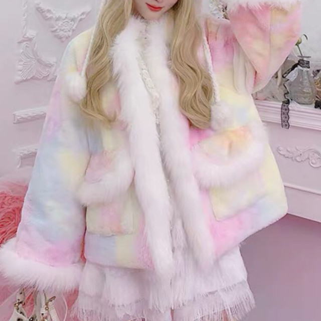 カラフル ファー コート ピンク 黄色 ギャル ジャケット アウター 冬 ポケット Loveysmileshop
