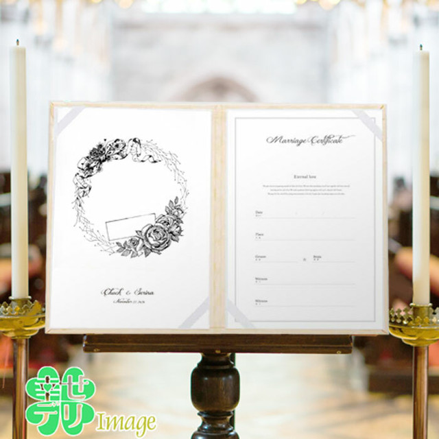 フラワーリース 花環 の結婚証明書 マルカ スタンプ 拇印 指紋 結婚式 ウェディング 結婚祝い 人前式 誓約書 ゲスト参加型 長期休暇をのぞき ご指定内容などが確定後10 14日で発送予定です P76 Ma04 F2 Tk 幸せデリバリー リングピローなどの結婚式