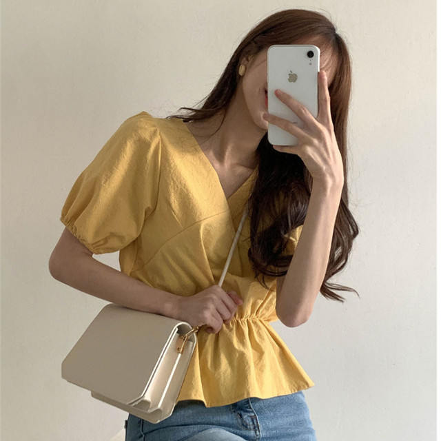 トップス ブラウス シャツ Vネック ペプラム パフスリーブ 半袖 痩せ見え 春 夏 レディース Evergreen