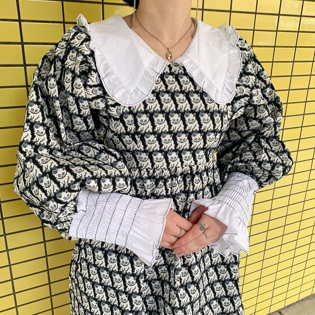 猫総柄ゴブランワンピース C0424 Mocha 下北沢