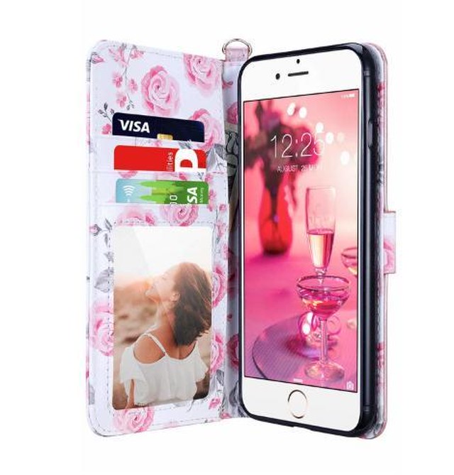 Iphone7 Iphone8 手帳型 スマホケース 花柄 フラワーデザイン レザー カード収納 カバー ストラップ付 Mamonomise