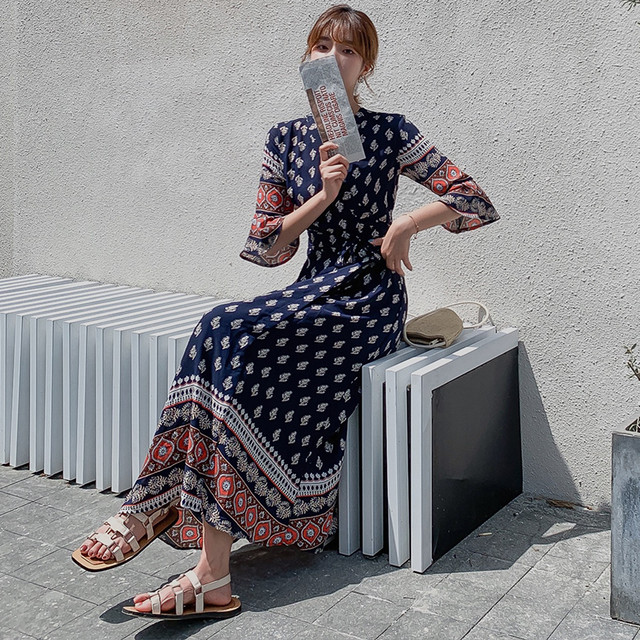 エスニック カシュクールワンピース シフォンワンピース マキシ丈 Vネック ベルスリーブ 七分袖 可愛い キレイめ お出かけ リゾート 海 春 夏 Crystalhk