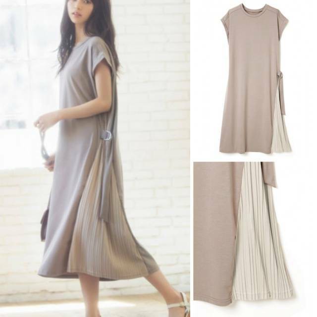 ワンピース レディース フレンチスリーブワンピース ミモレ丈ワンピースサイドプリーツ 大人カジュアル きれいめ Happy Toon